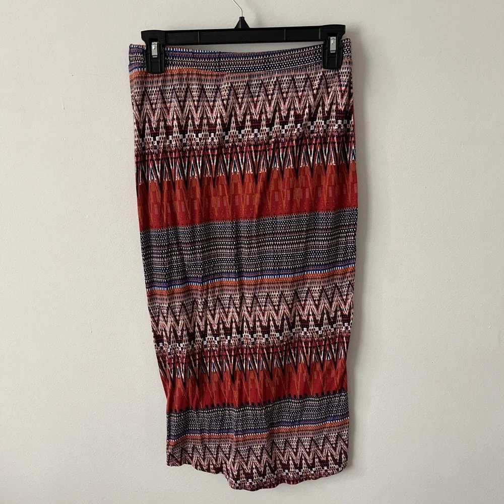 Women's Multicolor Geo Print Midi Wrap Skirt Small Boho Chic Tribal Aztec Casual